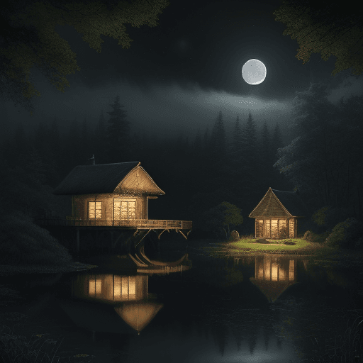 AI generated: ((best quality)), ((masterpiece)), ((realistic)), (detailed), scenery, moon, pond, forest, hut, dark...