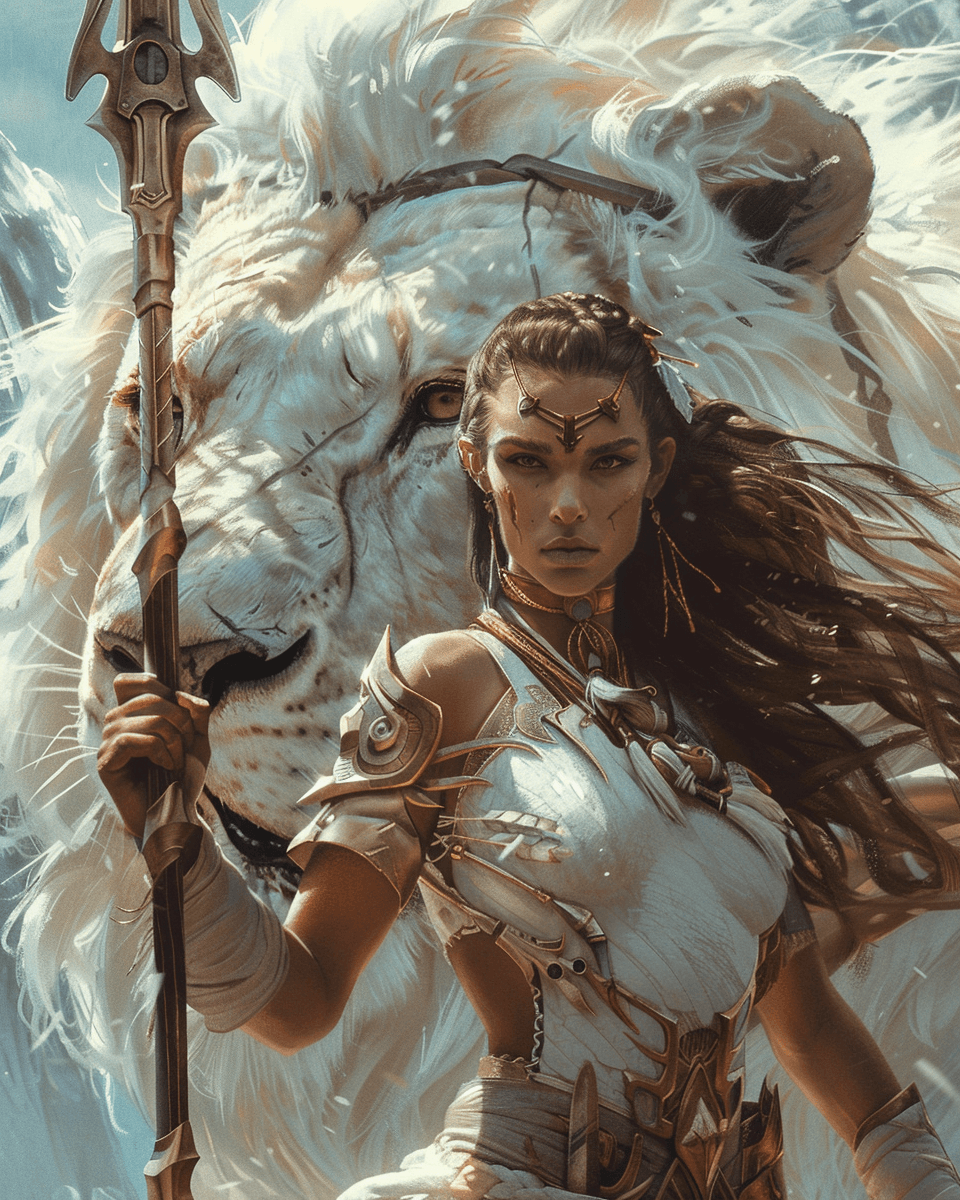 AI generated: A female warrior holding the head of an enormous white lion on her spear, detailed face and eyes, in...