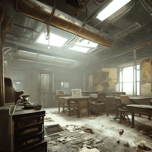 AI generated: Fallout concept art school interior render grim, nostalgic lighting, unreal engine 5