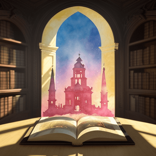 AI generated: A beautiful baroque styled library :: silhouette, double exposure, fantasycore style watercolor pain...