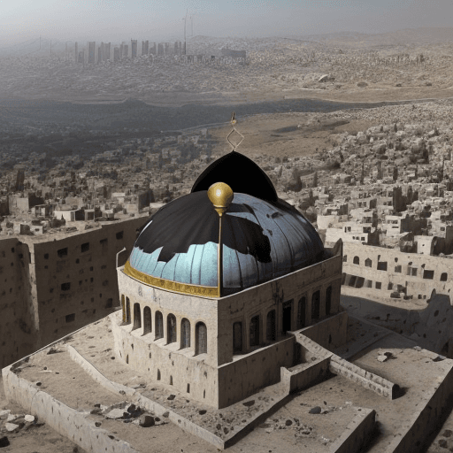 AI generated: A young resistant, Palestine's abandoned top overlooking the middle of the occupied city of Jerusale...