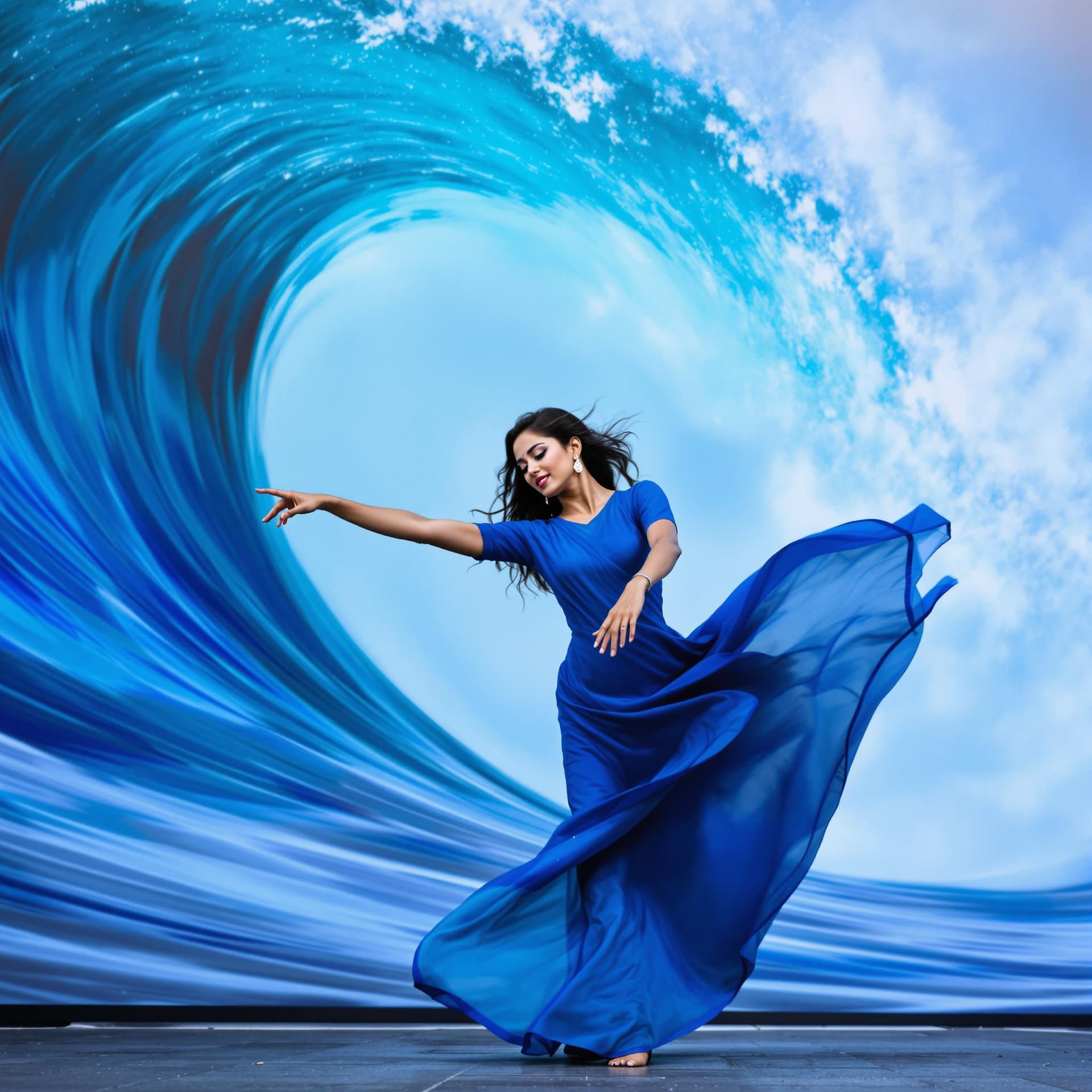 AI generated: The image features a Indian woman in a blue dress, gracefully dancing in front of a large wave. She ...