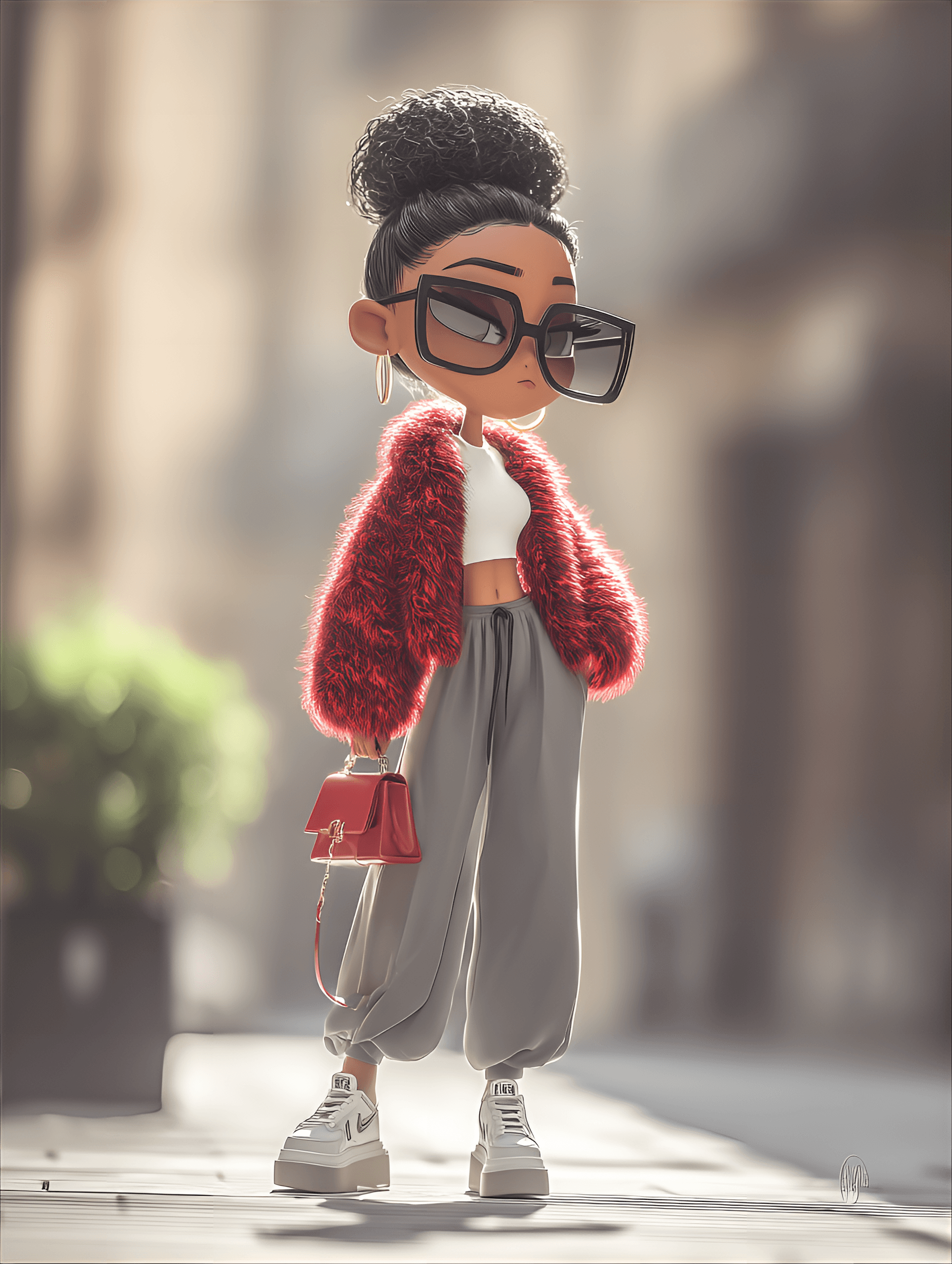 AI generated: cute caricature chibi, edgy streetwear chibi, strutting confidently on sidewalk, the streetwear chib...