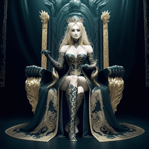 AI generated: A very beautiful queen sitting on a black throne made of gold, with snake-dragon elements and design...