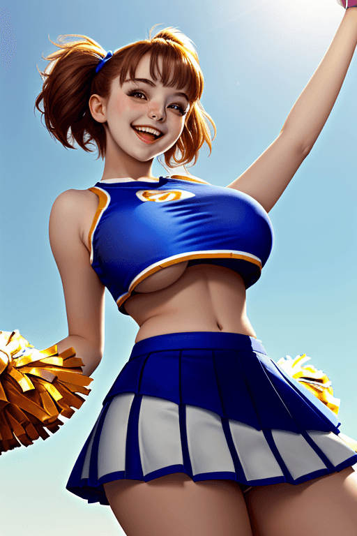 AI generated: A cute 21 year old female with gigantic breasts wearing loose crop top cheerleader outfit and pleate...