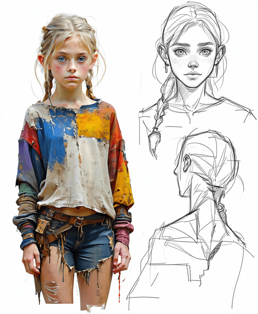 AI generated: Create a series of (pencil and watercolour drawings:1.9) making a character face and shoulder refere...