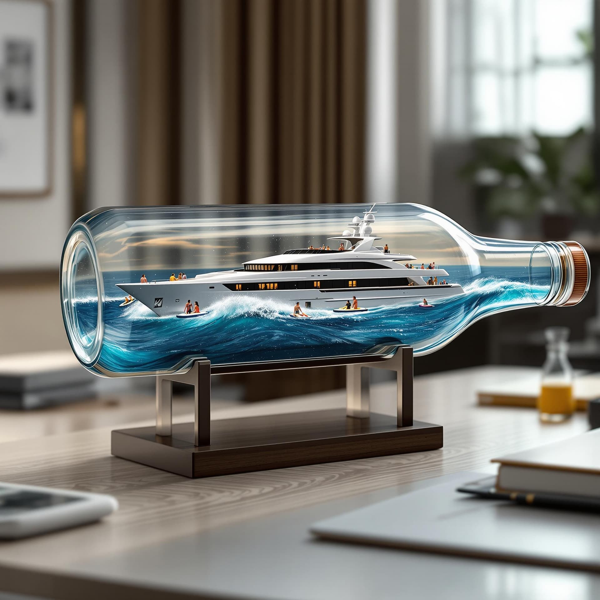 AI generated: A realistic ship in a bottle, featuring a luxury super yacht scene. The yacht is busy with a few peo...