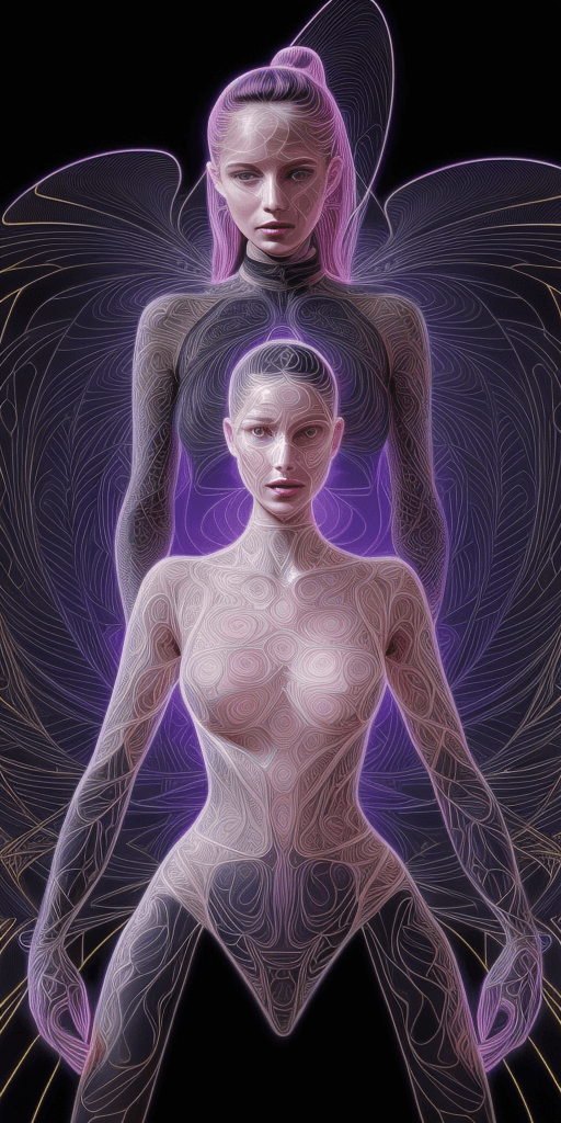 AI generated: portrait forming silhouette of a captivating woman, dynamic holographic lines and patterns resemblin...