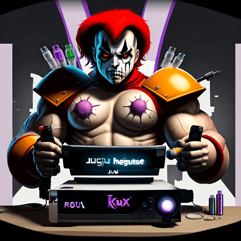 AI generated: video games, Roku, phone repair, insane clown, beeple, syringe, the English word "JUGGERNAUT"