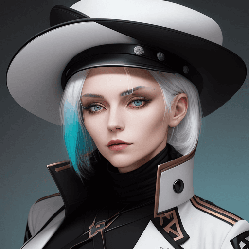AI generated: a woman with white hair wearing a tight black jacket and a hat, in the style of mashup of styles, li...