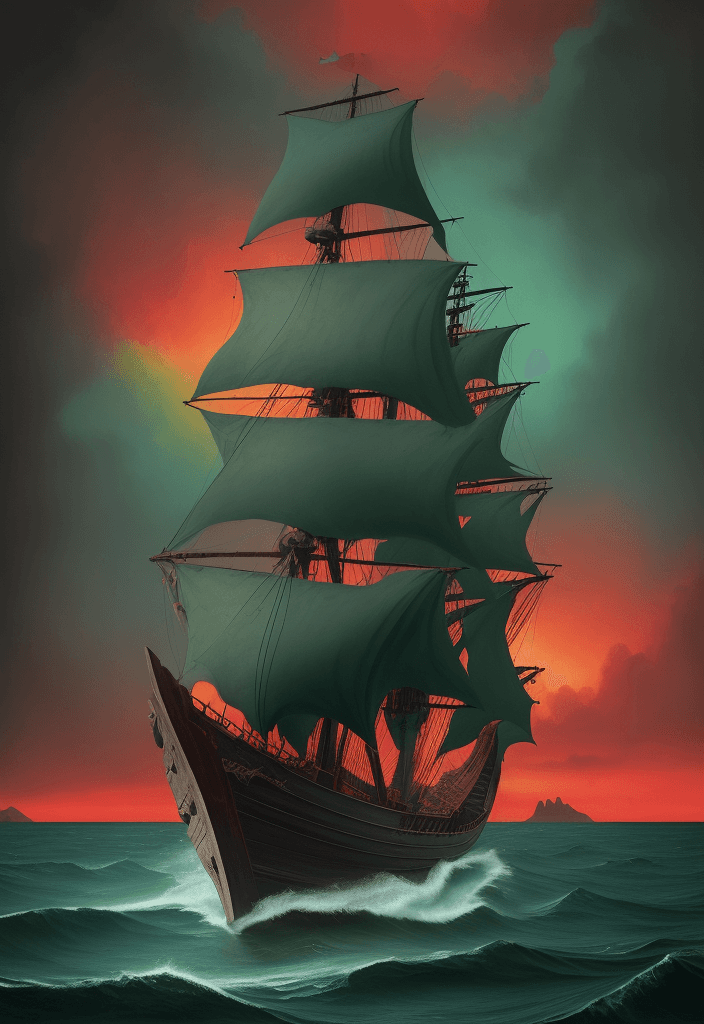 AI generated: 1970's dark fantasy style highly detailed painting a wooden ship navigating a sea with green water a...