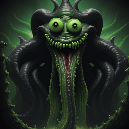 AI generated:  high quality foto of a green black monster, moster with grimaces and big very long teeth, long tent...