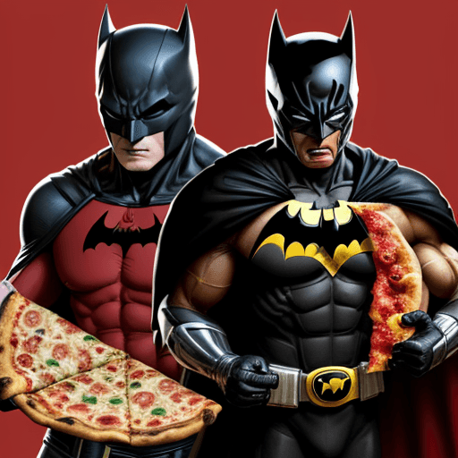 AI generated: a black batman with a  black power ranger helmet versus a pizza type wolverine character with a red ...