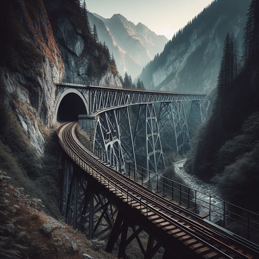 AI generated: Steel railway bridge spans a gorge, leading into a mountain tunnel. The rugged landscape frames the ...