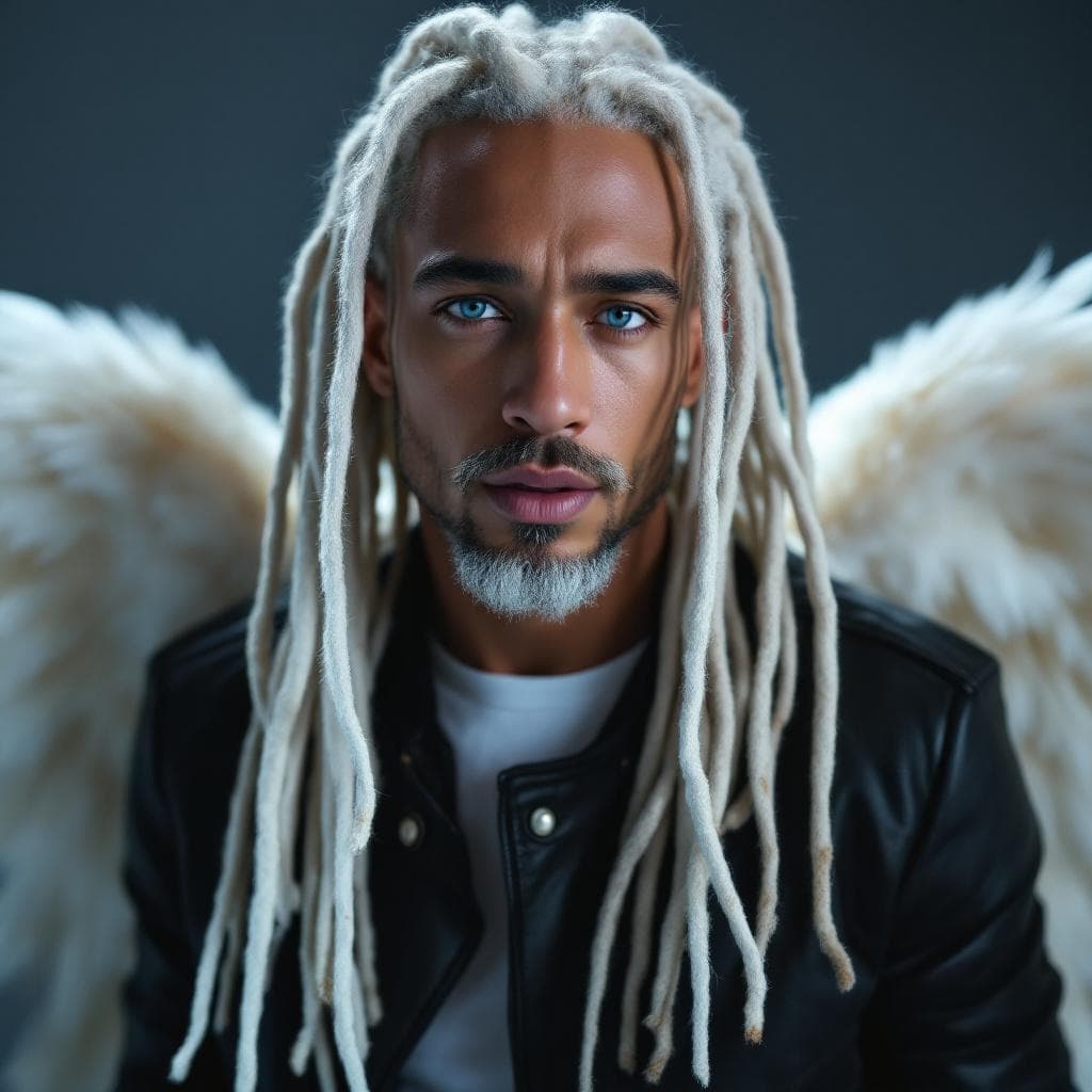 AI generated: "Ultra-realistic avatar of a white European male with striking blue eyes and very long white dreadlo...