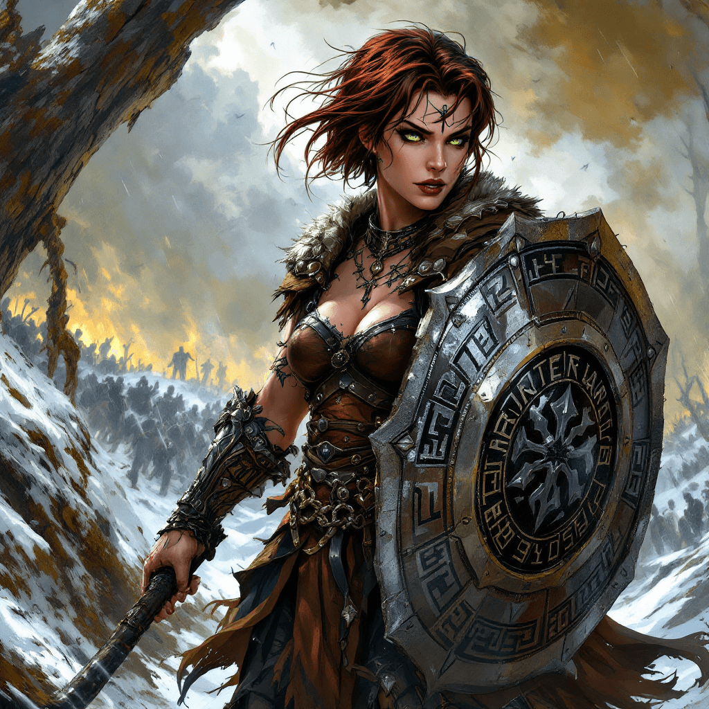 AI generated: 21. The Runesinger Shieldmaiden: A fierce warrior with short, dark auburn hair styled in a practical...