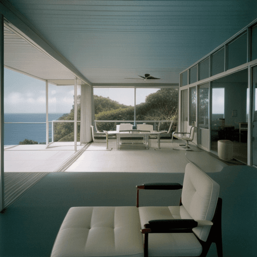 AI generated: Hyper realistic eye level exterior photo of a mid century modern style house overlooking the ocean, ...