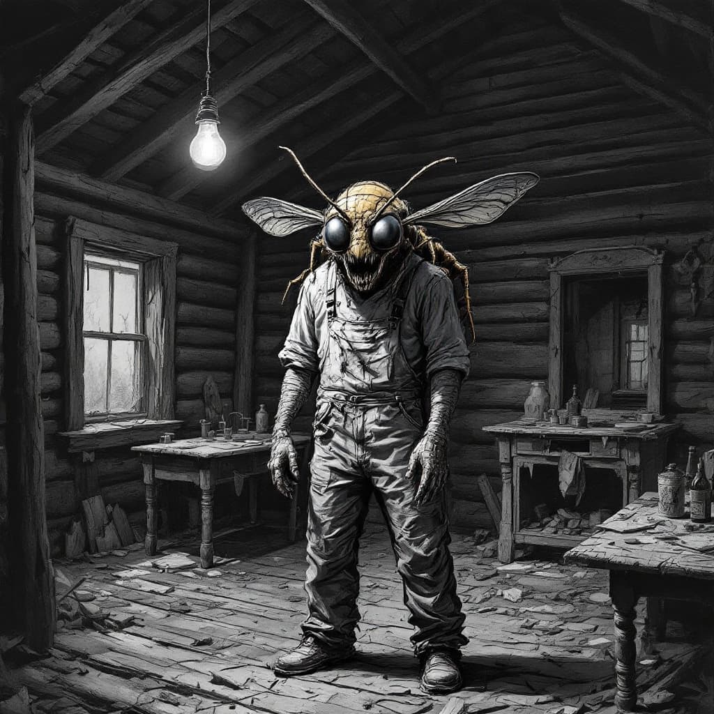 AI generated: A menacing scene inside a run-down log cabin, dimly lit by a single flickering light bulb hanging fr...
