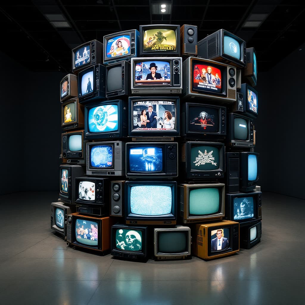 AI generated: The camera rotates around a large stack of vintage televisions all showing different programs — 1950...