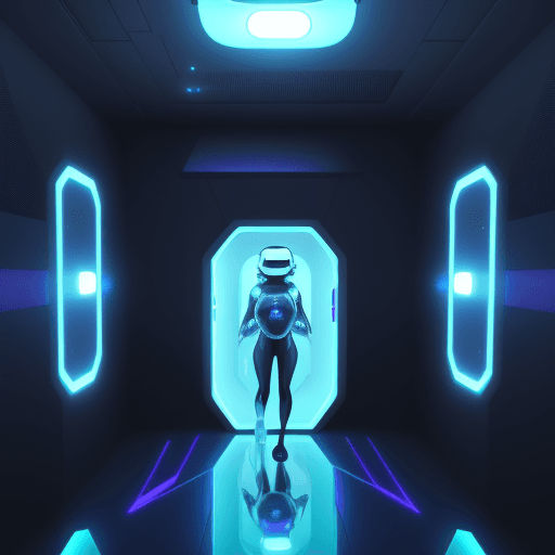 AI generated: A person entering futuristic VR chamber in a room. Detailed, Futuristic.
