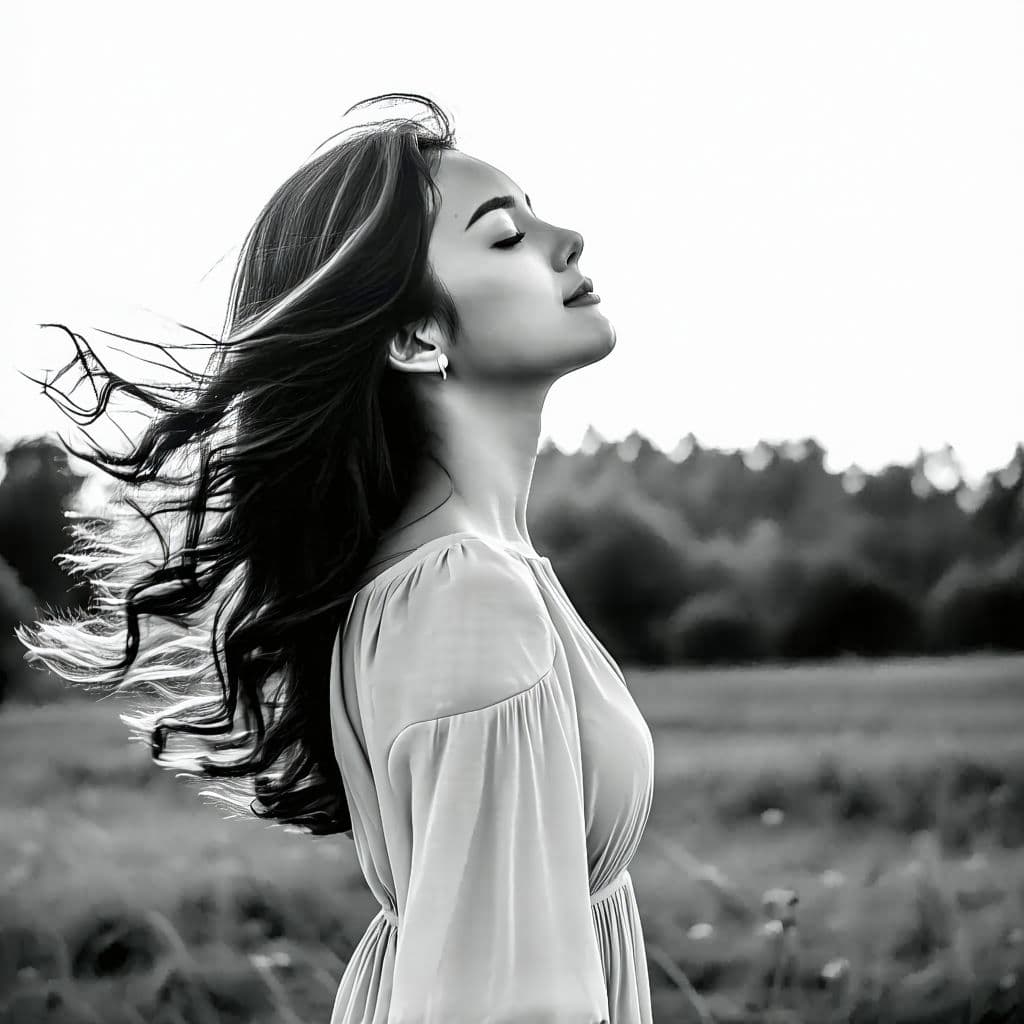 AI generated: Monochromatic outdoor portrait of a woman, eyes closed, flowing hair, light dress, serene expression...