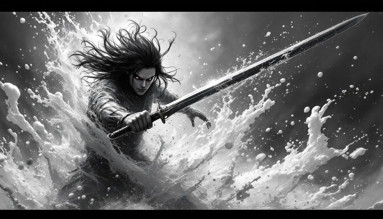 AI generated: A powerful figure emerges from an explosion of dynamic motion, wielding a sword with fierce intensit...