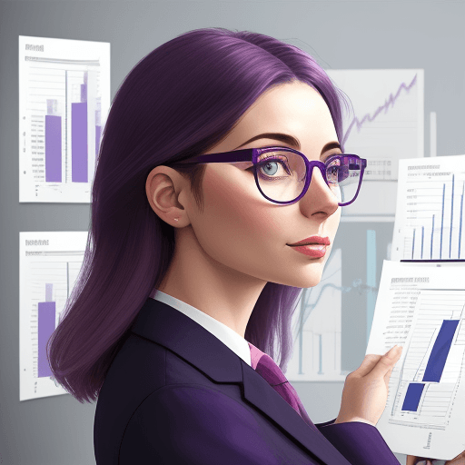 AI generated: woman using glasses reflecting financial charts. Illustration grainy finish using refined dark purpl...