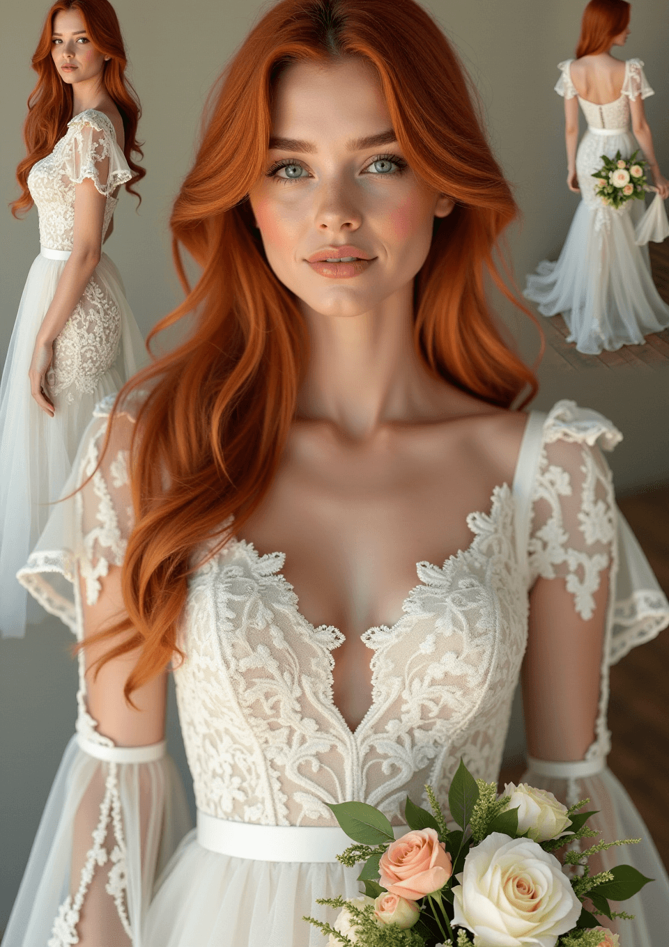 AI generated: ((Collage of photos)) of a woman with reddish blonde hair wearing a (white lace dress with flowers) ...