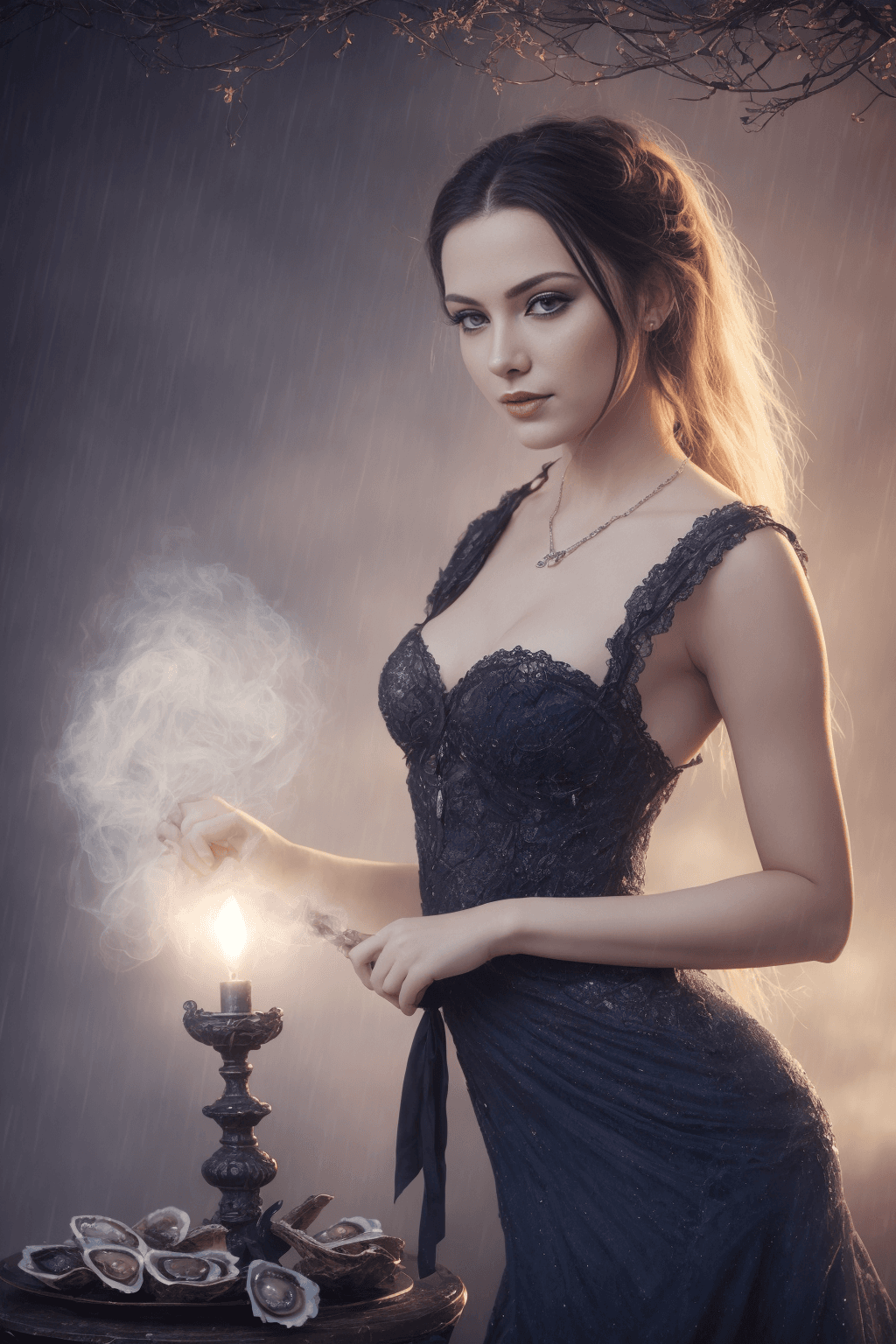 AI generated: stunning, fantasy, victorian london market, gorgeous, stunningly beautiful young woman, selling oyst...