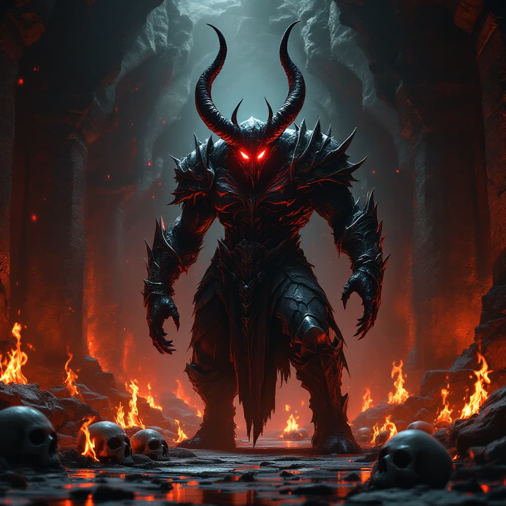 AI generated: Demon-like character, glowing red eyes, Menacing horns, menacing armor, shadowy atmosphere, intense ...
