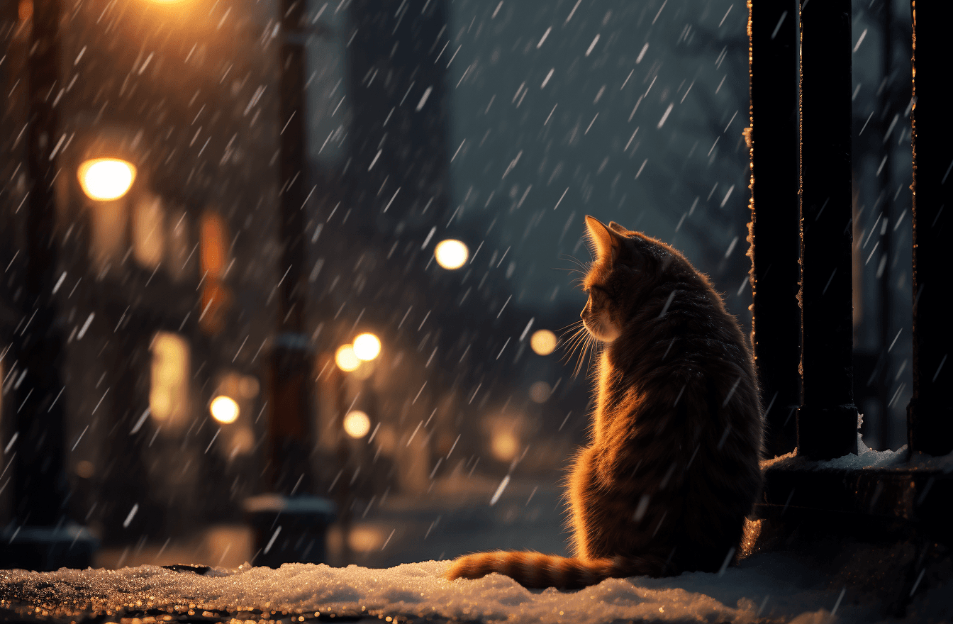 AI generated: snow falls and a cat sits there in front of the sidewalk, in the style of rendered in cinema4d, cano...