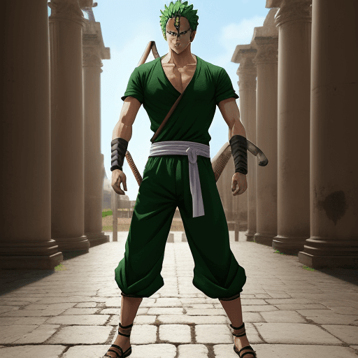 AI generated: Una imagen ultra realista de zoro personaje de anime como humano, con la ropa de goku en un fondo ca...