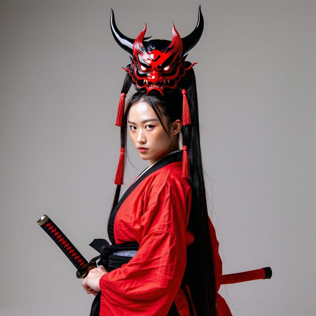 AI generated: 16-bit, Full body shot, of a beautiful stunning alluring female kunoichi, above her head is Oni mask...