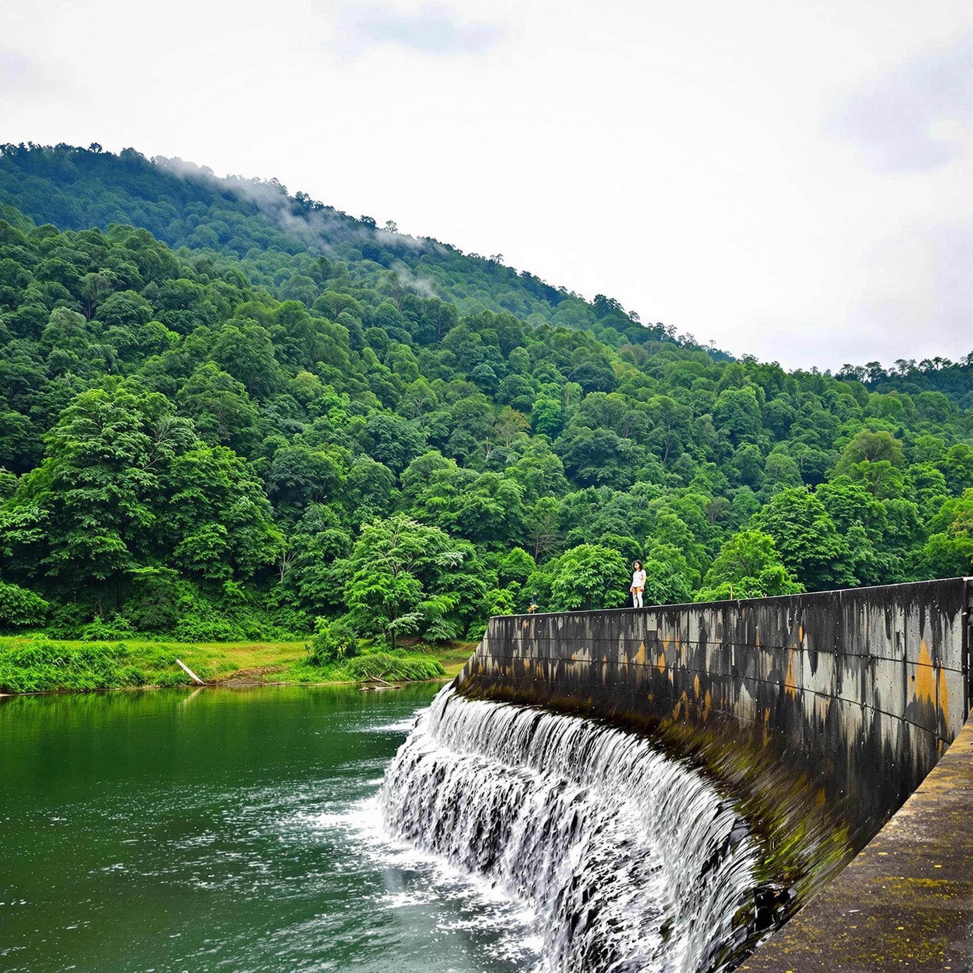 AI generated: The image depicts a serene landscape from kerala featuring a waterfall cascading over a curved dam, ...