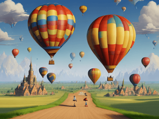 AI generated: tom and jerry running, air balloon Kingdom background, 32k, --v 5. 2 --s 700 --q 2