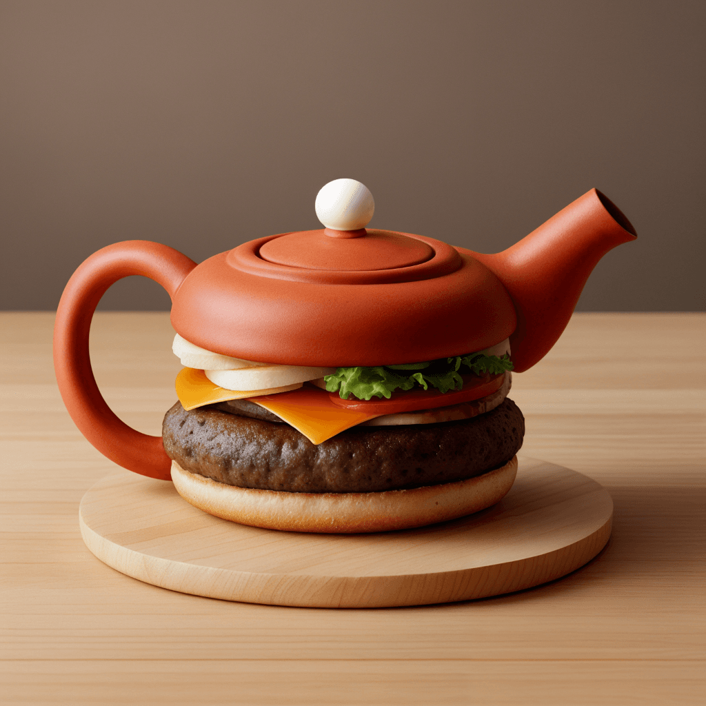 AI generated: a teapot that mimics a shape of hamburger,  concept of a hamburger ,(teapot)