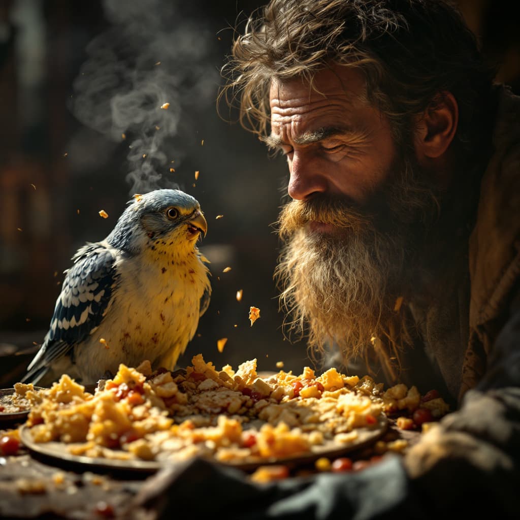 AI generated: Generate hyper realistic an image of a man indulging a bird with high maintenance and messy habits, ...