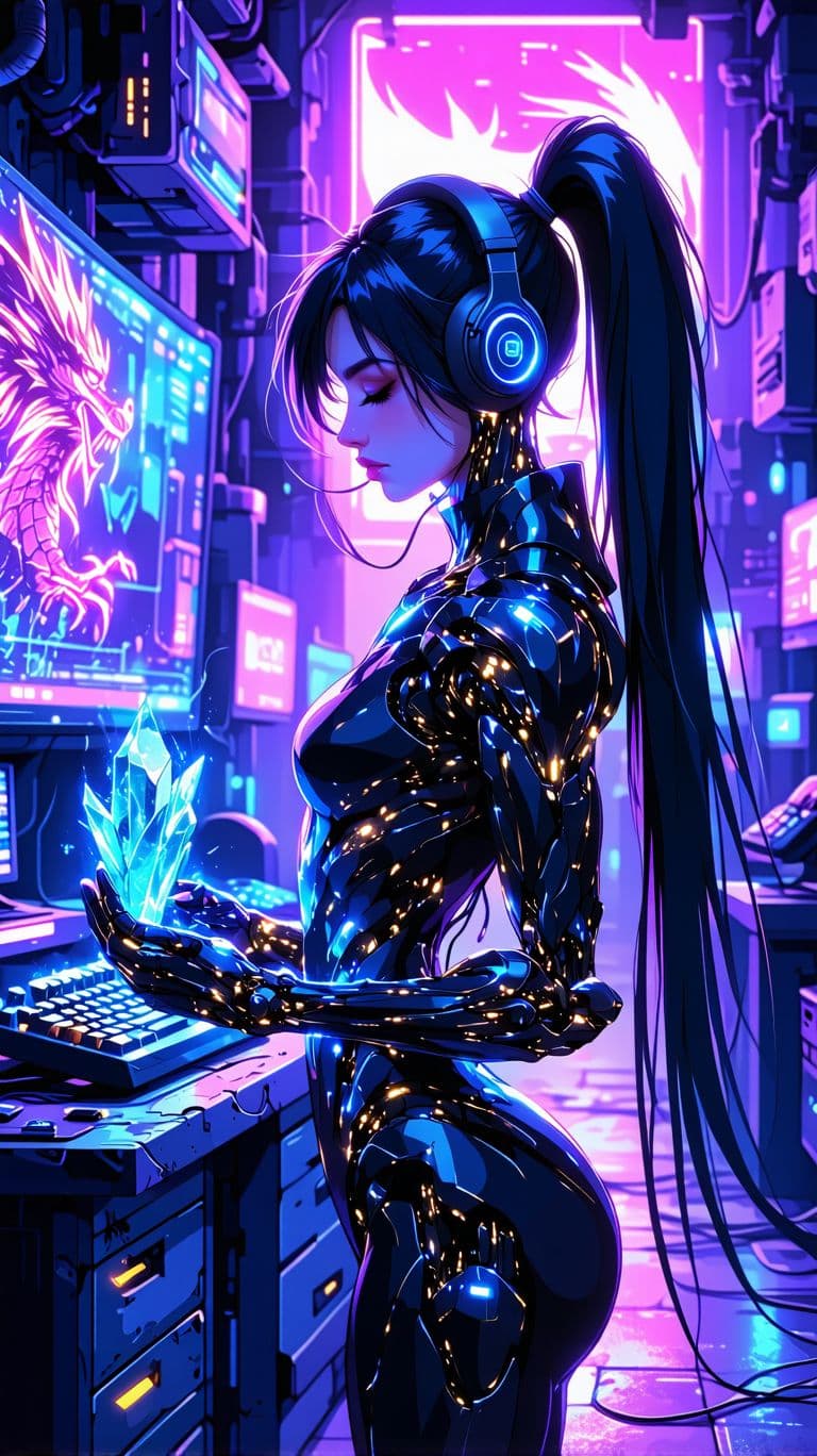 AI generated: A vibrant, cyberpunk-style art illustration of a confident woman in a sleek, black armored bodysuit ...
