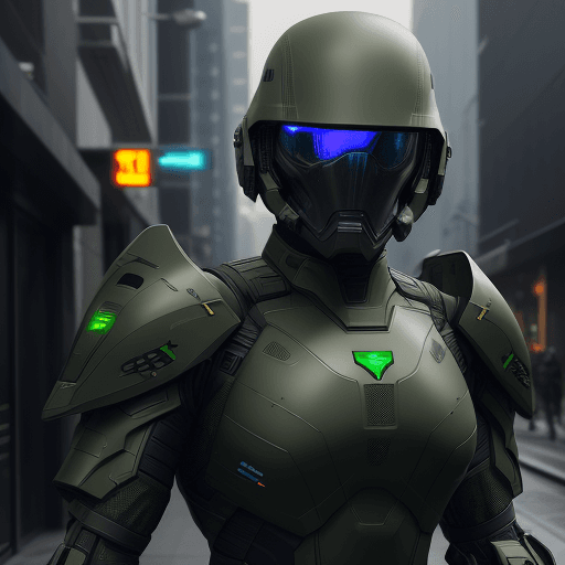 AI generated: Futuristic soldier with advanced armor, weaponry, and helmet, dark army green, street, overcast, ref...