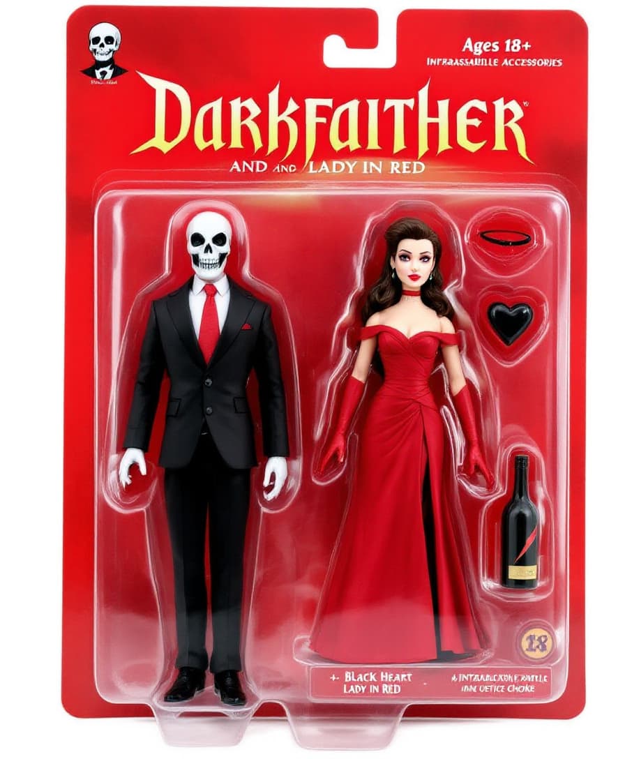AI generated: A stylized collectible action figure in a toy package labeled "Darkfaither" for ages 18+, featuring ...
