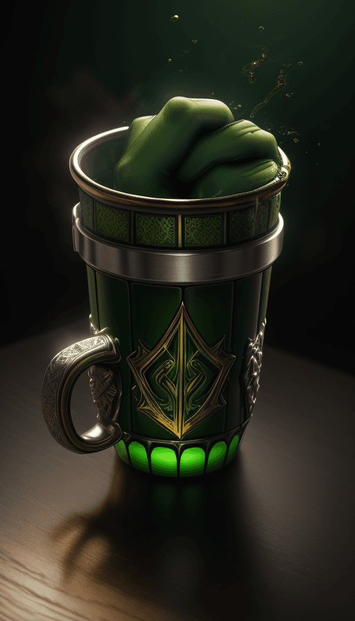AI generated: Mug on the table with the design and character of hulk The Mug is gold and green dark, no watermark,...