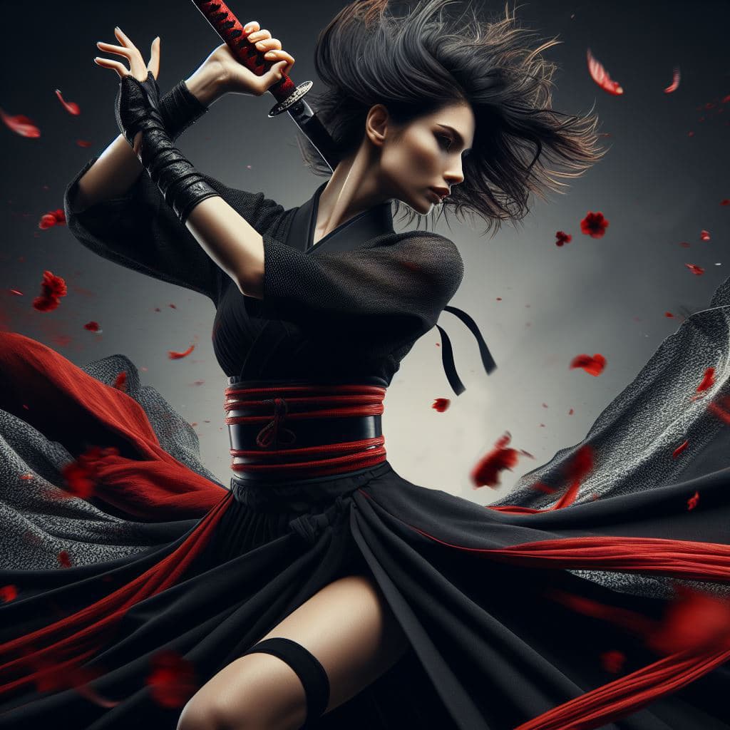 AI generated: This is a highly detailed artistic photograph showing a real-life female warrior in a dynamic pose, ...
