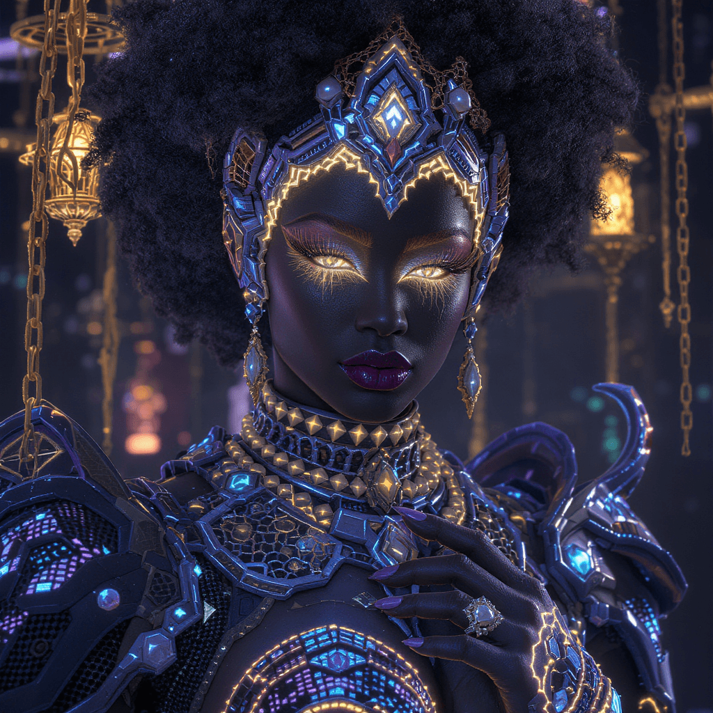 AI generated: “holographic Ceremonial vibranium armor, vibranium energy core”: “Elite Afrofuturist warrior queen i...