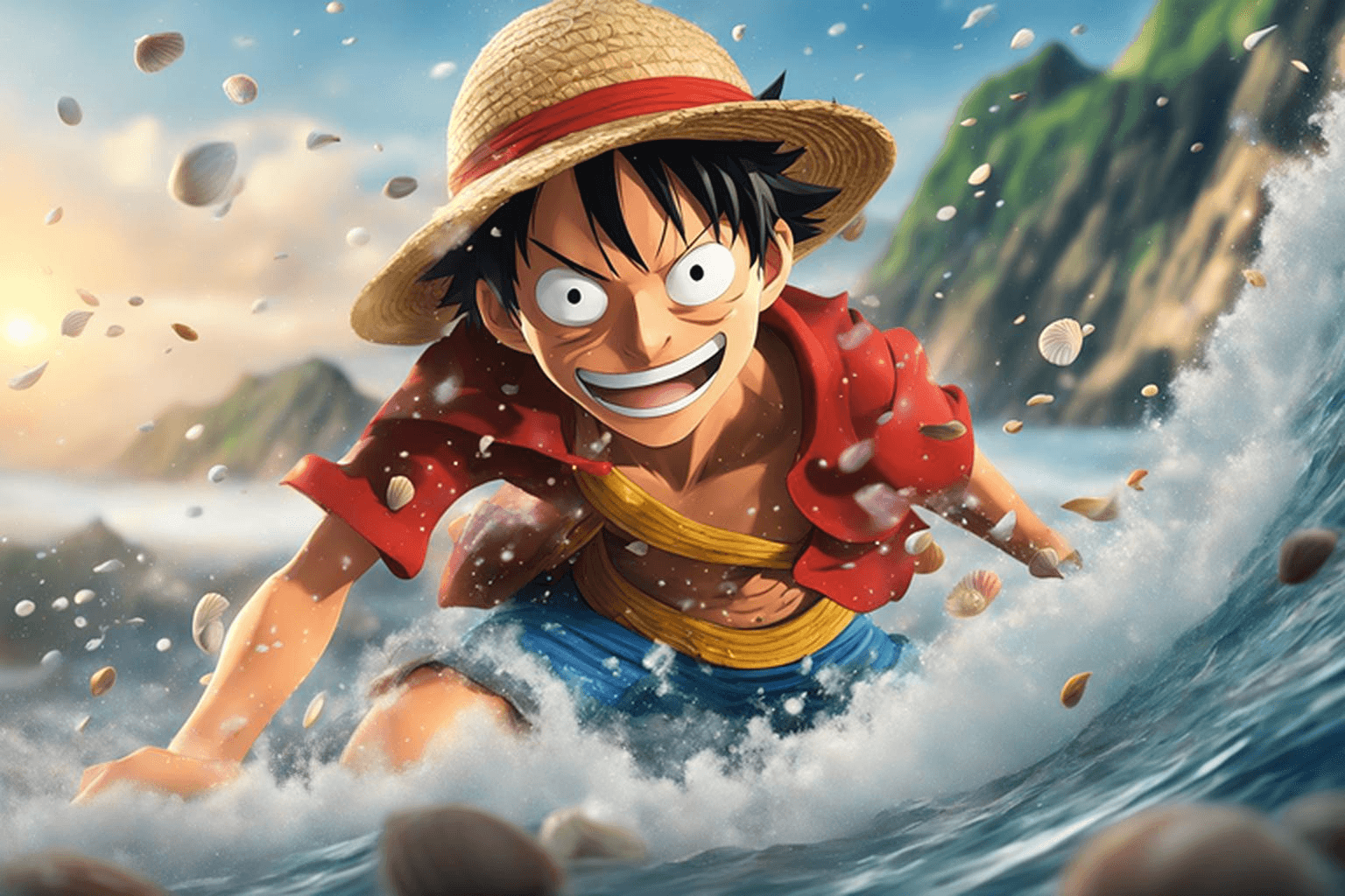 AI generated: Flat illustration, 3d, close up, Monkey D. Luffy, one piece anime, action packed, in a strawhat, sea...