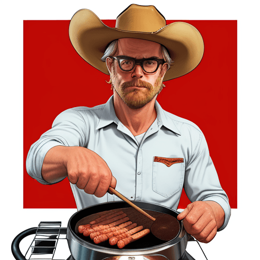 AI generated: A logo of a cowboy preparing a barbecue, staring at the camera, on a white background, in comic styl...