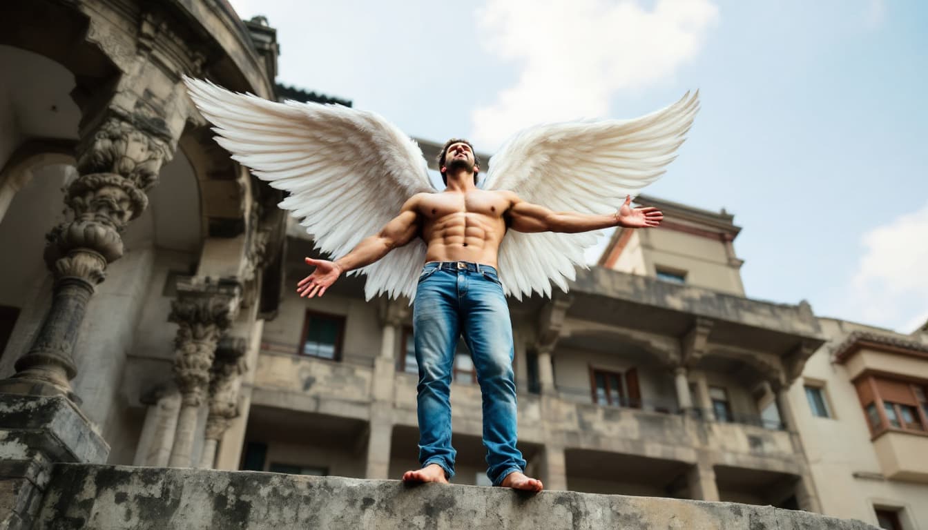 AI generated: A man of strong build, in jeans, barefoot, stands on the ledge of a multi-story building, arms outst...