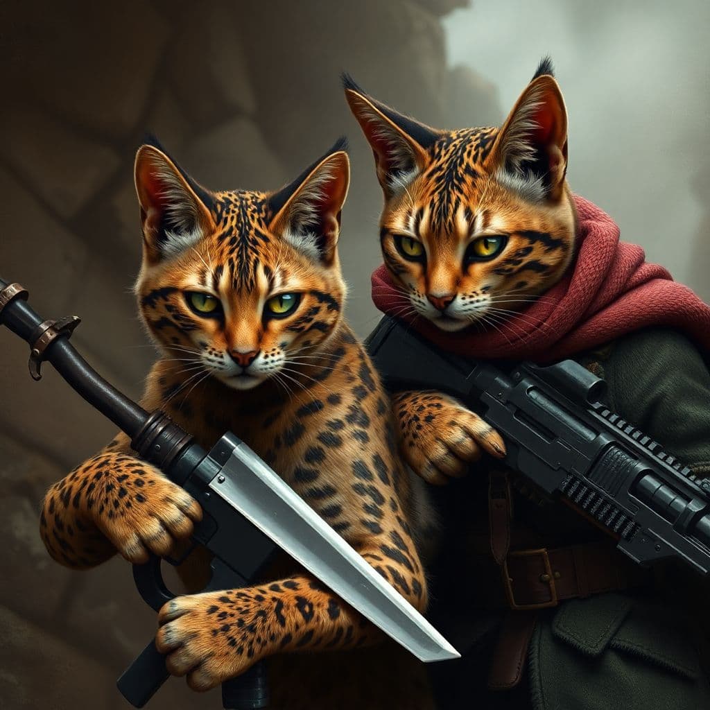 AI generated: um gato humanoiude do lado de outro gato humanoide com uma arma na mão em um cenario de guerra