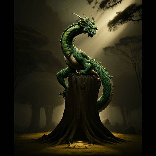 AI generated: green 7 head dragon standing old tree 
light, pale sunrise, cinematic lighting, 