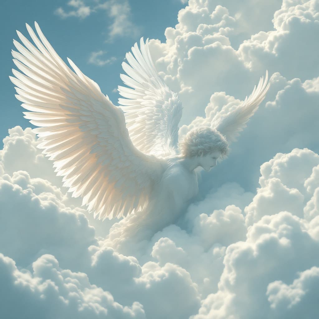 AI generated: Delicate  Angel wings in the clouds,  male masculine  angel, blue sk --ar 3:4 --style raw --v 6.1 --...