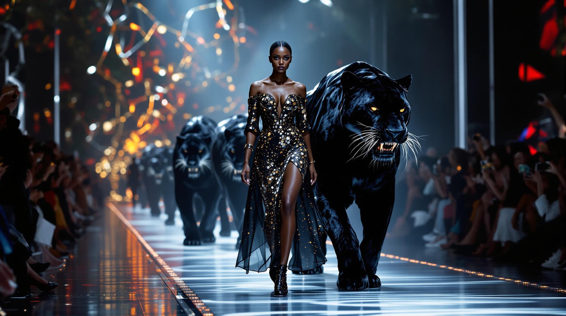 AI generated:  catwalk, fashion show, beautiful fashion model, walking with huge wild black panthers, on the sides...